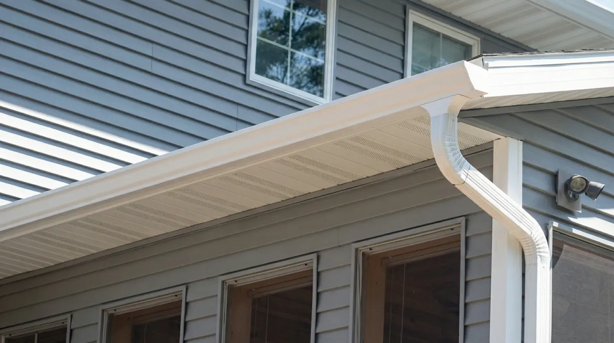 Professional home remodeling project showing newly installed white seamless gutters and downspouts on a house with gray siding in Orlando, FL