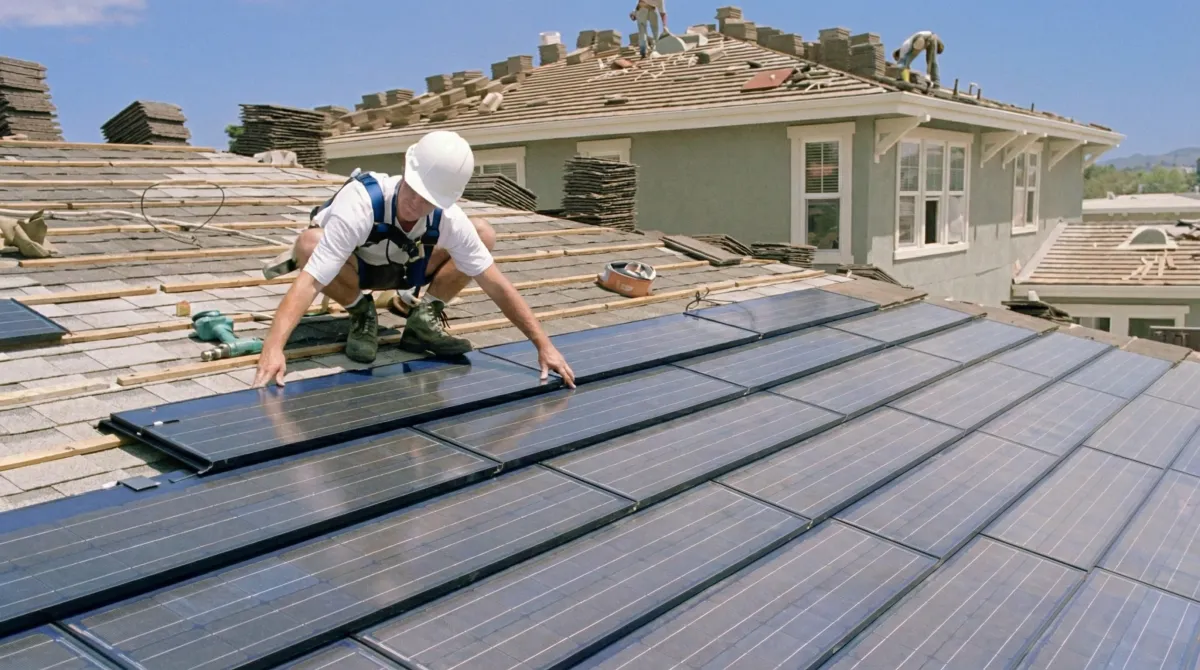 Roof replacement expert installing modern solar shingles on a residential home in Orlando, FL