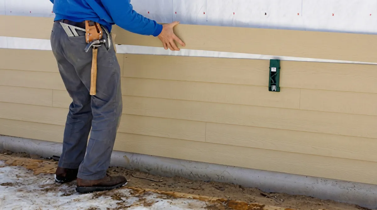 Siding replacement expert carefully aligning a new tan siding panel onto a residential exterior wall in Orlando, FL
