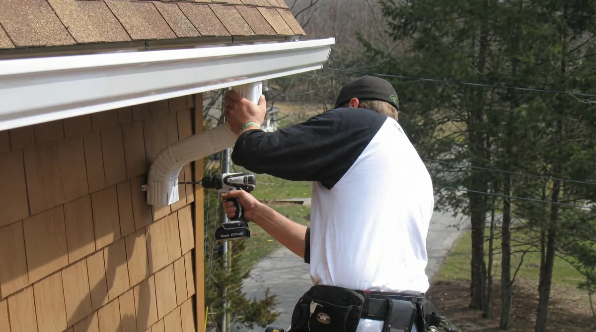 Professional contractor installing tan vinyl siding panels on a residential home exterior in Orlando, FL