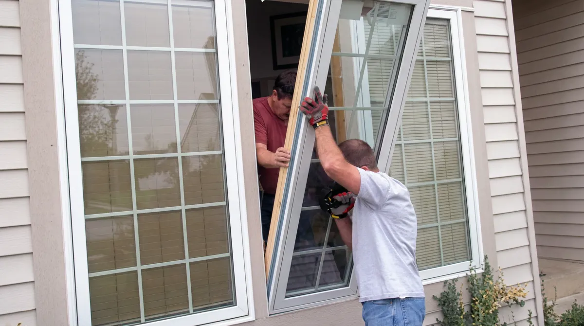 Professional home remodeling team installing a large replacement window on a house with tan siding in Orlando, FL
